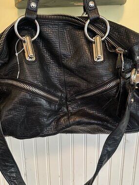 B.Makowsky Black Leather Textured Satchel With Silver Hardware